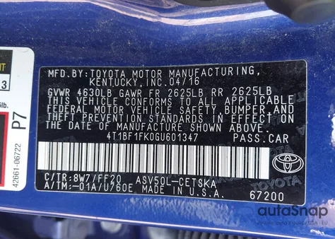 2016 Toyota Camry Le/Xle/Se/Xse из США, поврежденный, VIN 4T1BF1FK0GU601347